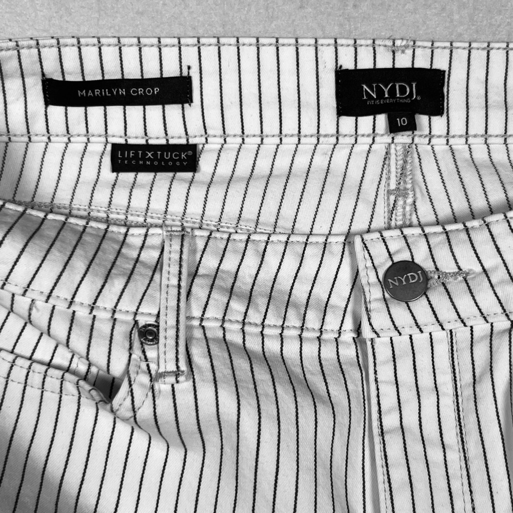 NYDJ Marilyn Crop Pinstripe Pants White Blue Lift Tuck Size 10 Cuffed Straight